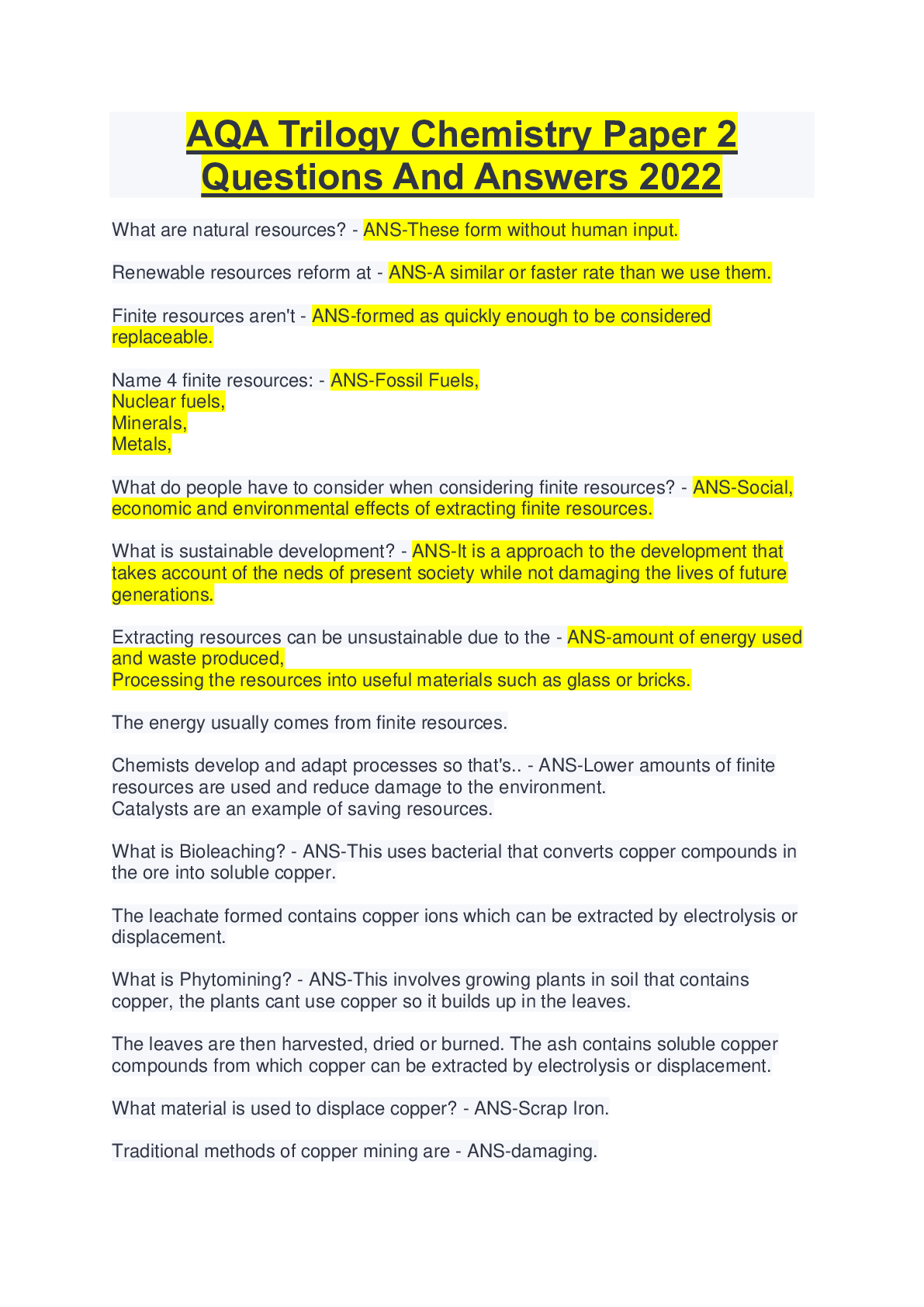 Preview image for AQA Trilogy Chemistry Paper 2 Questions And Answers 2022